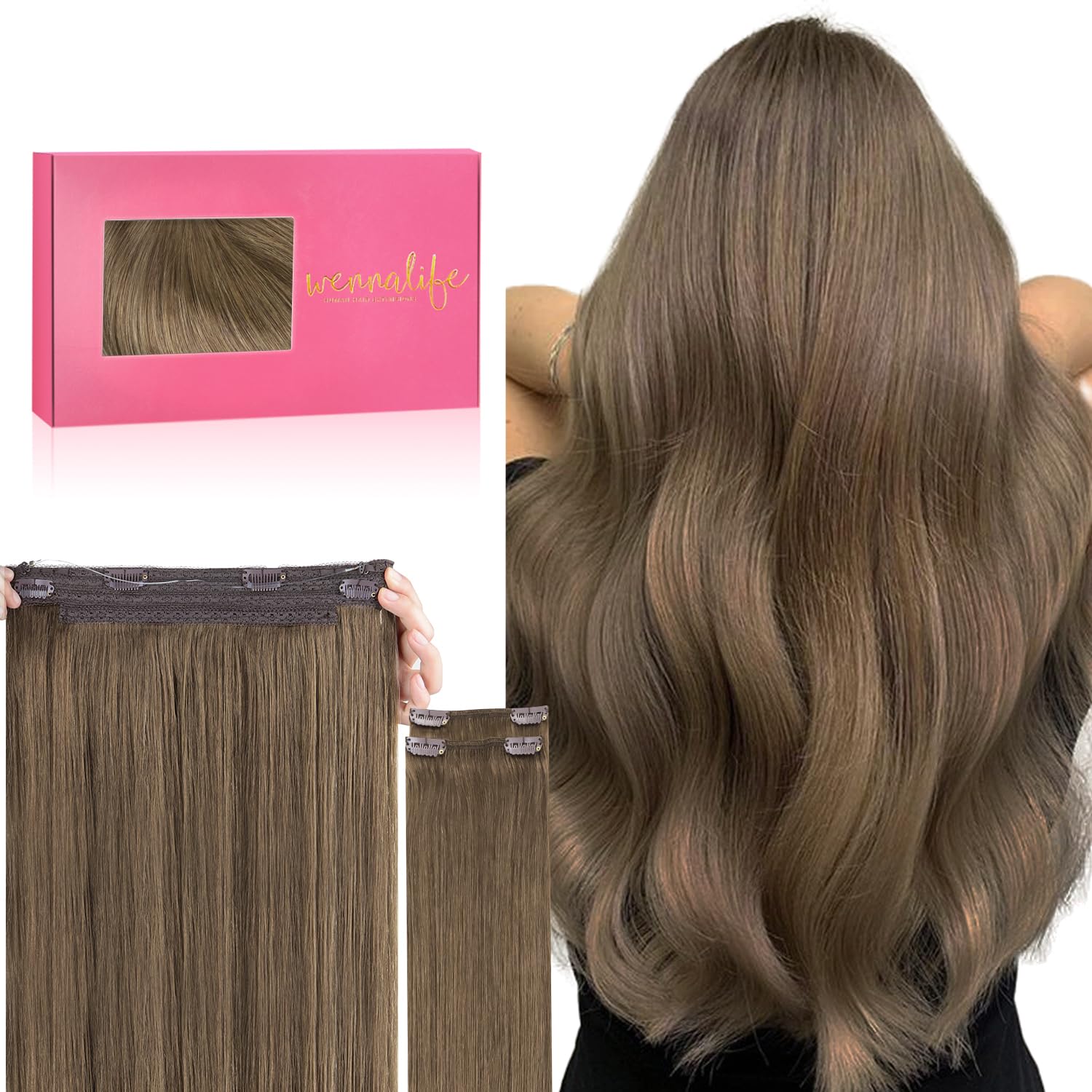 WENNALIFE Wire Hair Extensions (Increase 50% Lifespan) Real Human Hair 14 inch 105g Light Ash Brown Remy Hair Invisible Transparent Wire Fish Line