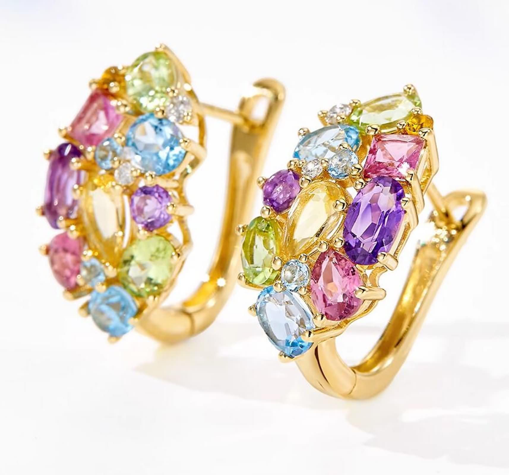 Pendientes de aro de oro amarillo de 9 K, 14 y 18 quilates para mujer, con piedras preciosas naturales coloridas
