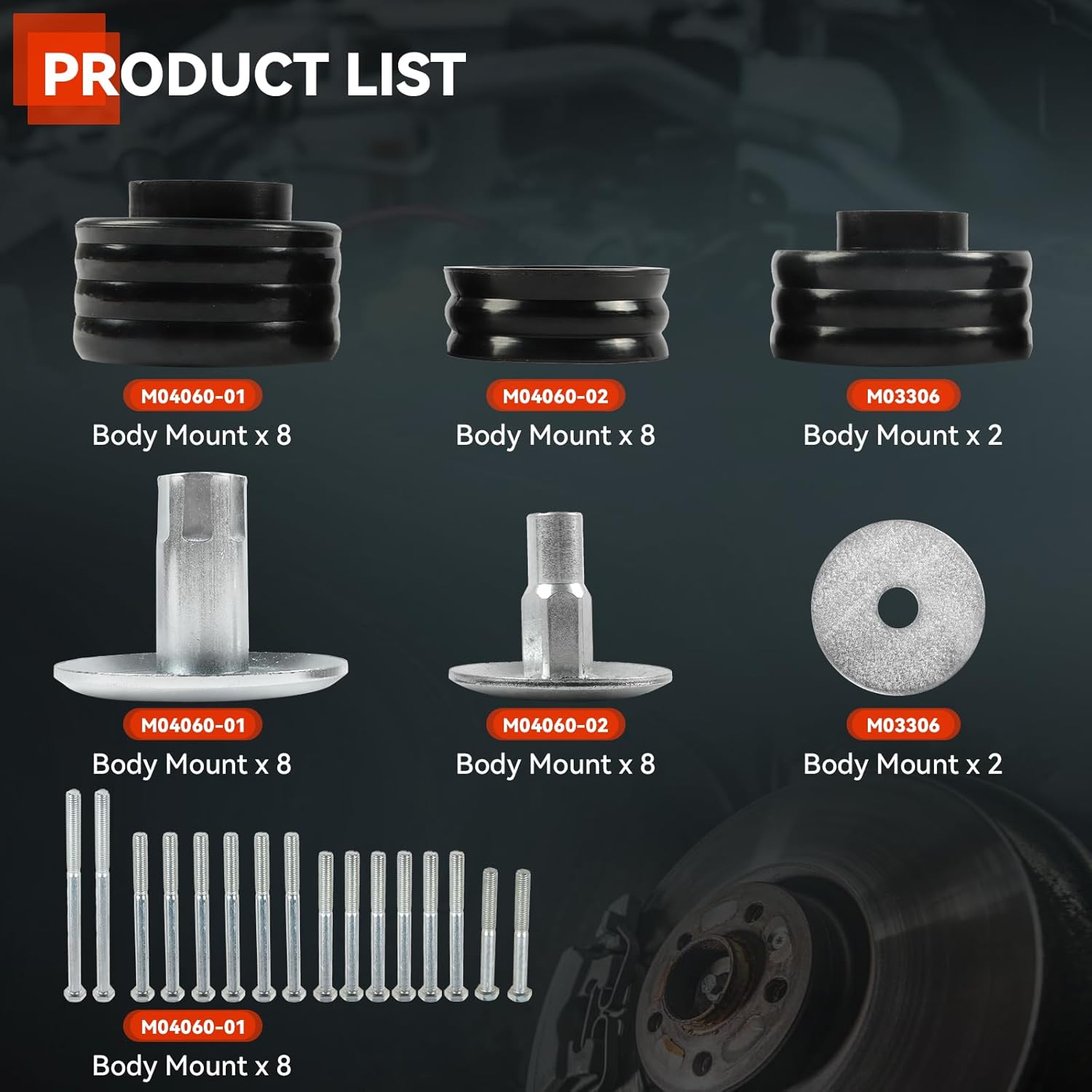 KF04058BK Body Cab Bushing Kit Fit for Ford F250 F350 1999-2007 Super Duty 2WD, 4WD, Polyurethane Body Cab Mounts, Steel Sleeves, Hardware