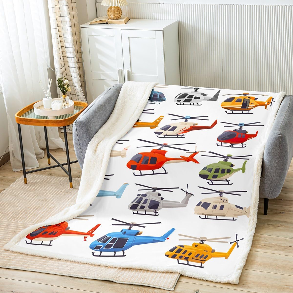 Feelyou Cartoon Helicopter Fleece Throw Blanket Aircraft Sherpa Blanket for Boys Teens Colorful Plane Plush Blanket Flying Airplane Fuzzy Blanket for Sofa Bed Couch,Twin 60x80 Inches