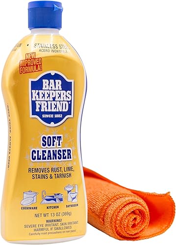 Bar Keepers Friend Cleanser & Polish - Toalla de microfibra de 13 onzas, limpiador de acero inoxidable para ollas y sartenes, encimeras, manchas de