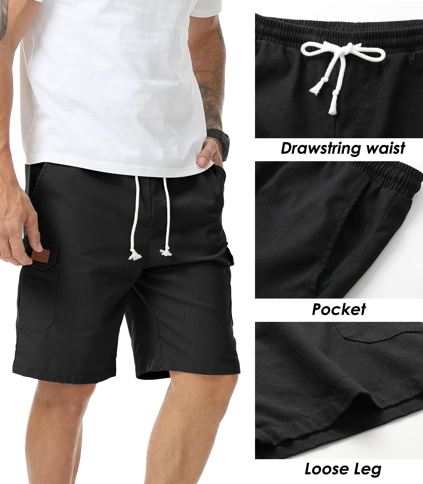 Zetieny Pantaloncini da Uomo in Lino Shorts Cargo Estivi Pantaloni Corti Leggero Coulisse con Tasche