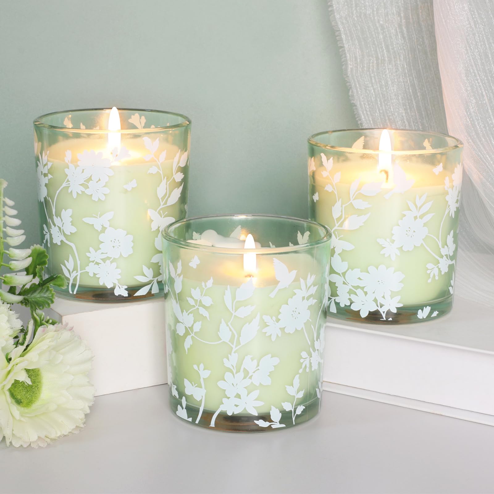 Paquete de 3 velas perfumadas de vainilla para aromaterapia, cera de soja de larga duración, vela en tarro de cristal blanco floral verde para decoración del hogar, Navidad, cumpleaños