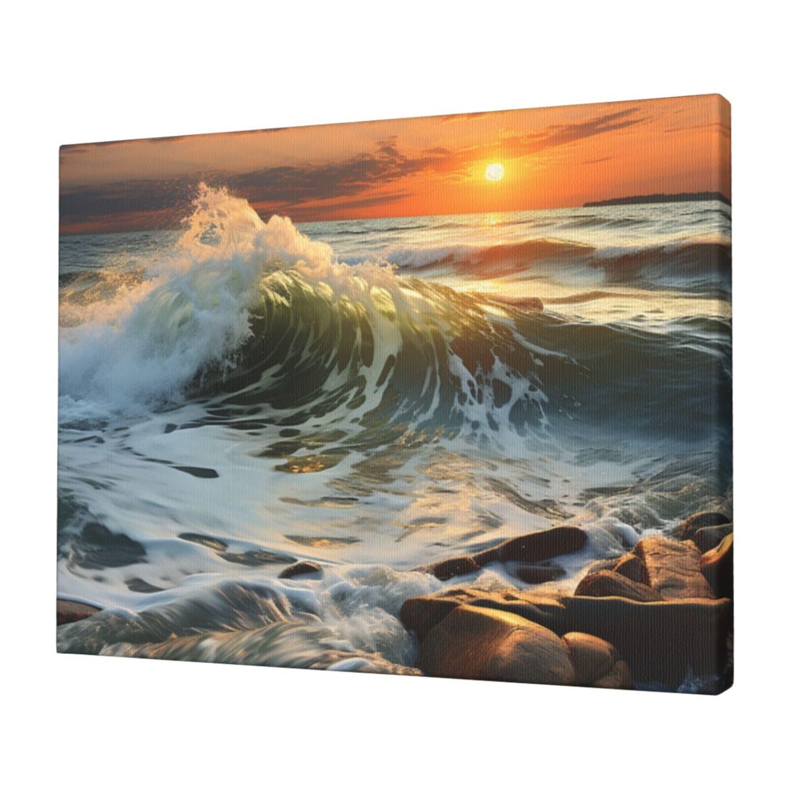 Canvas Wall Art for Living Room Wall Decor 12"x16" Modern Artwork Painting Pictures Hanging Canvas Prints Rocky Wave Sunset Painting Aesthetic Wall Art for Bedroom Bathroom Office Wallart Decor