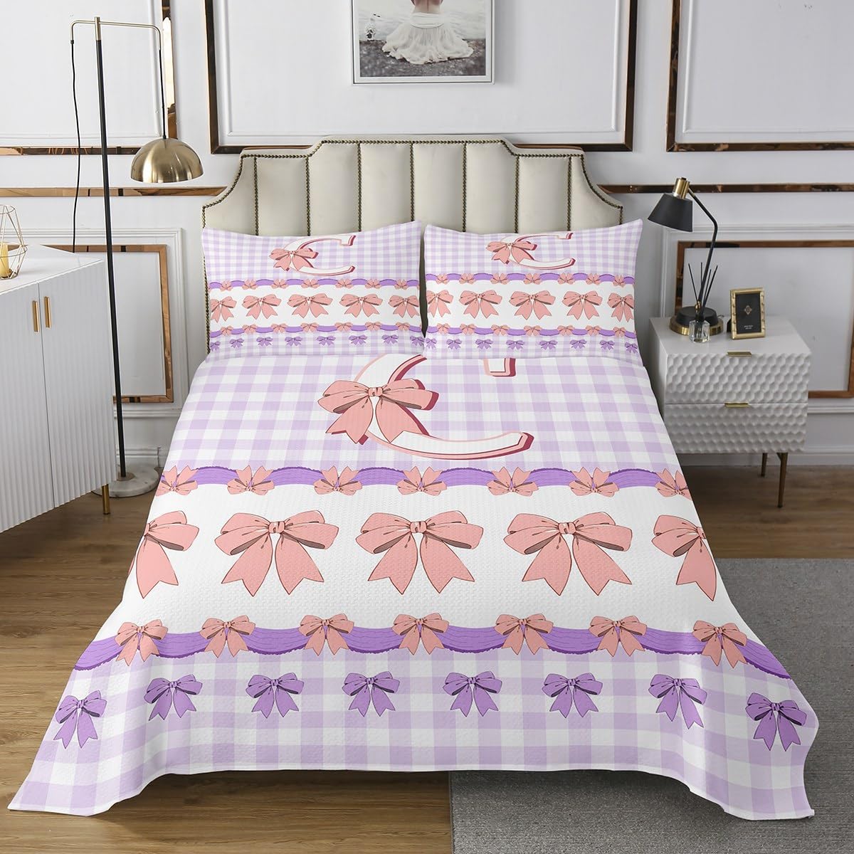 Castle Fairy 3D Bowknot Letter Coverlet Set Queen Size,Personalized Purple White Grid Durable Bedspread for Girls Teens,Pink Bow Tie Initial C Print Soft Polyester Quilt Set, with 2 Pillowcases