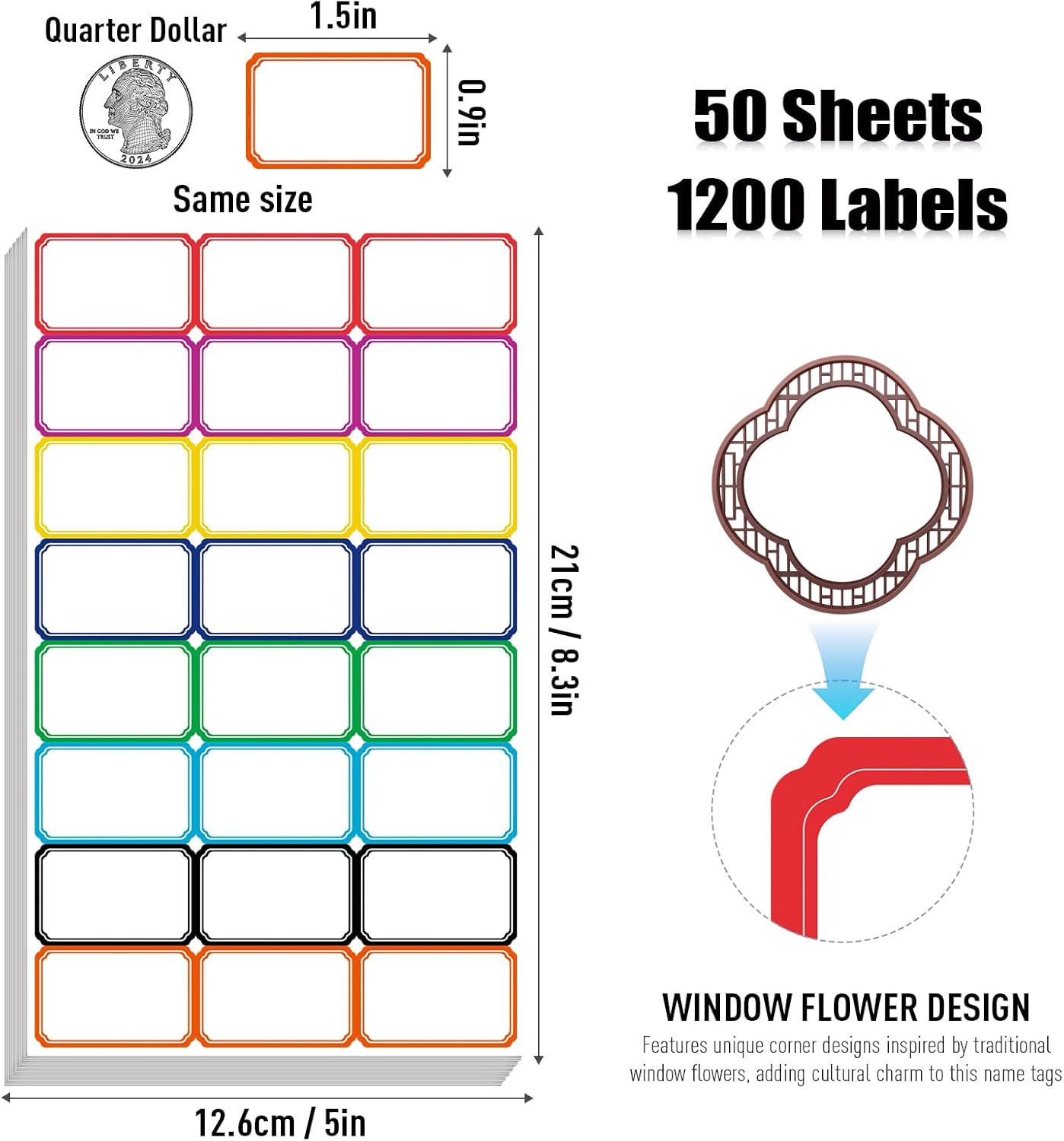 Identification Labels, 1.5'' x 0.9'' Small Size Name Stickers with Assorted Color Borders, DIY Custom Tags for School, Home & Office Organization, 1200 Count - Image 2