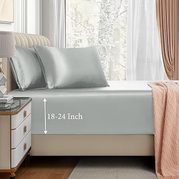 VACVELT 3pcs Extra Deep Pocket Satin Fitted Sheet Set Queen Bed Set, Silver Bottom Sheet Fit 18-24 Inch Deep Pocket Mattress, Silky Bedding Set Soft & Ultra Deep Fitted Sheet + 2 Pillowcase