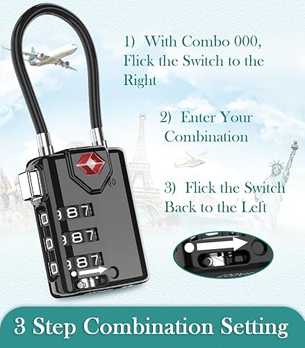 Miniatura 13 de Search Alert - Cerraduras de cable de equipaje de combinación de viaje aprobadas por la TSA para maleta, casillero de gimnasio, caja de negro 4
