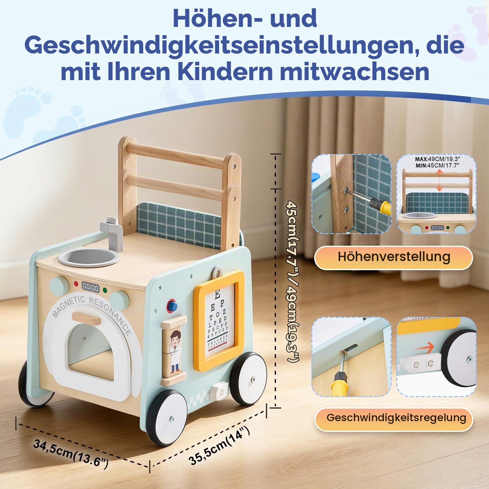 Lauflernwagen Holz Baby, Montessori Lauflernhilfe Baby Walker ab 6 Monate Laufwagen mit Rädern & Doktor Spielzeug, Laufhilfe Gehhilfe Lernlaufwagen Geschenk für Jungen and Mädchen