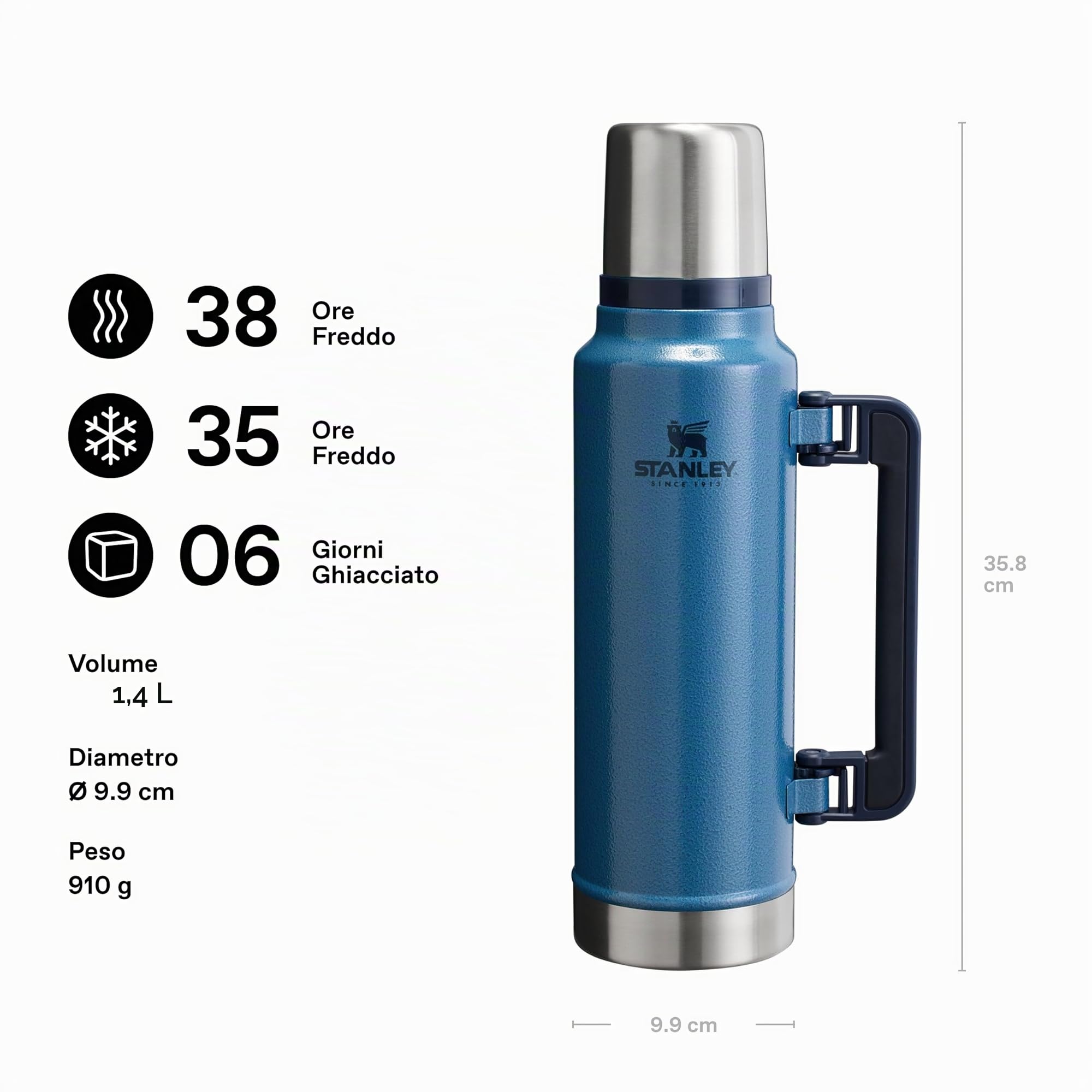 Stanley 1913 Classic Legendary Thermos 1.4L - Hammertone Lake | Mantiene La Temperatura 40 Ore (Caldo/Freddo) - Borraccia Termica - Senza BPA - Acciaio Inox - Termos