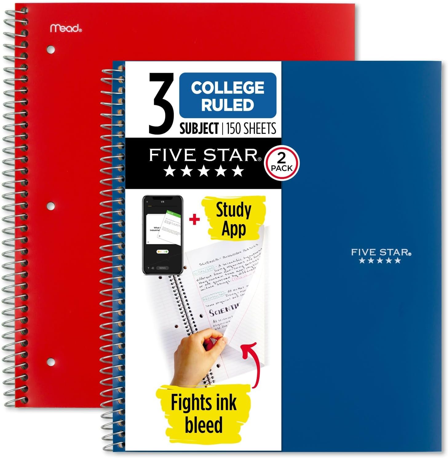 Five Star Spiral Notebooks Plus Study App, 2 Pack, 3 Subject, College Ruled Paper, 11" x 8-1/2", 150 Sheets, Blue & Red (38502)
