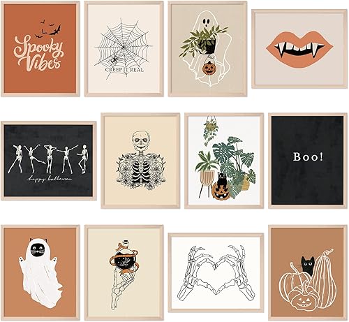 Whaline 12 impresiones artísticas de pared de Halloween de 12 x 16 pulgadas, esqueleto bohemio, fantasma, gato negro, decoración de habitación,