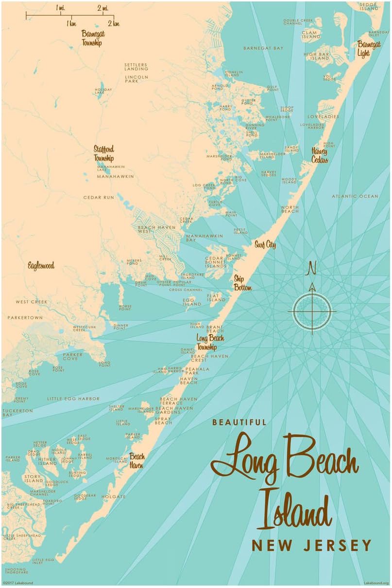 Long Beach Island, New Jersey Map Giclee Art Print Poster from Illustration by