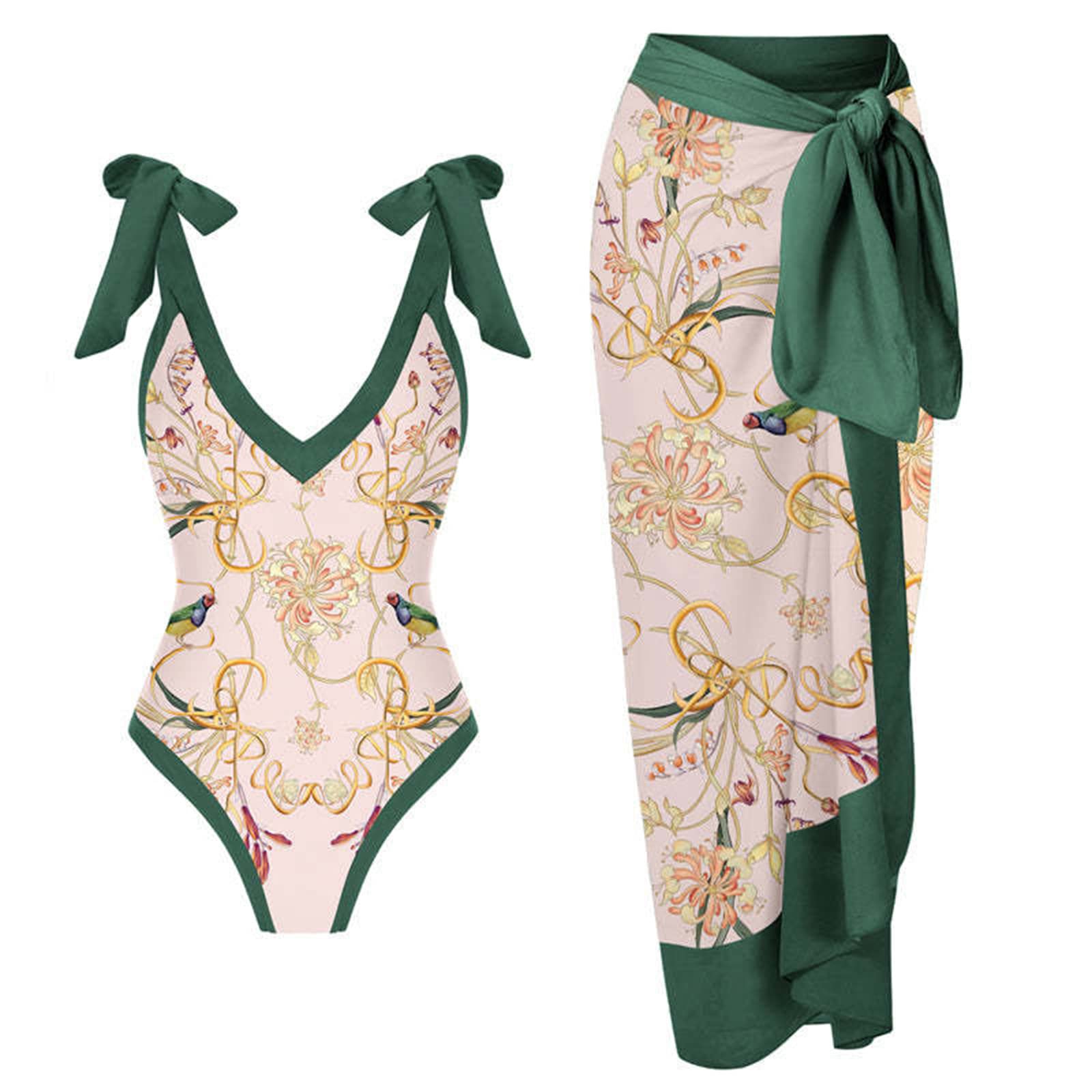 Women's Swimming Costume Two Piece Swimsuit with Matching Sarong Cover Ups Ladies Summer One Piece Boho Floral Printed Monokini Swimwear Beach Bathing Suits