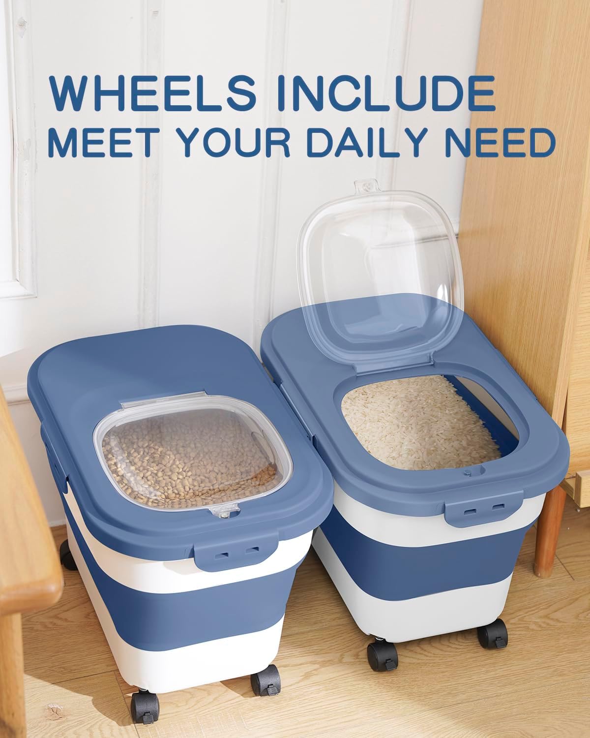 Rice Storage Container,Collapsible Food Storage Containers with Rolling Wheel Airtight Locking Lid,Flour Storage Container with Cup and Scoop,Suitable for Food,Rice,Pet Food,Flour