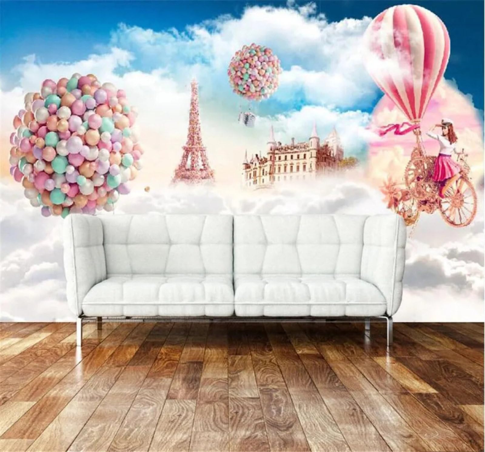 Tzxztt Cartoon Fantasy Sky Hot Air Balloon Castle Modern 3D Wallpaper Premium Textured Silk Neutral Tones Material Ideal for Living Room Bedroom-350cm×256cm