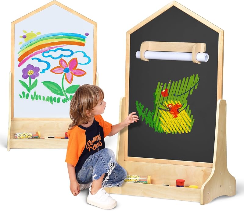 Kids Double-Sided Magnetic Art Easel with Paper Roller & Dual Storage | House-Shaped Drawing Board with Detachable Roller & Dual-Sided Bottom Storage Trays, Wall Mountable
