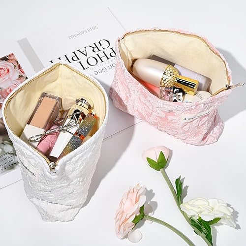 Miniatura 5 de Bolsa de maquillaje grande de 2 piezas, bolsa de cosméticos floral, color rosa y blanco, de lona, bolsa de aseo de viaje, organizador de brochas de