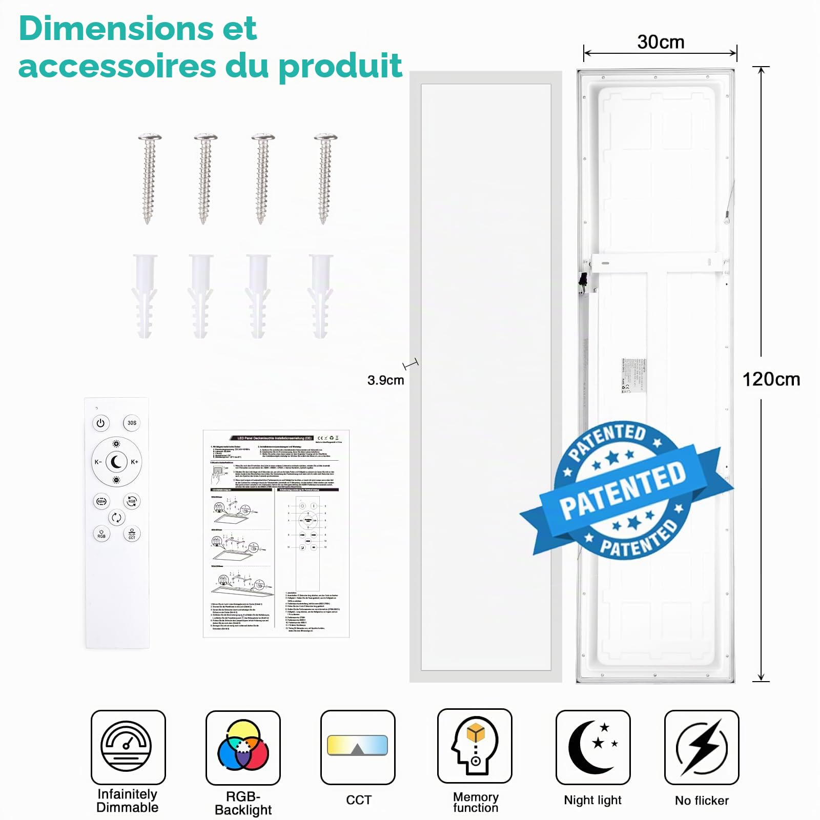 Oraymin Panneau LED Plafonnier Dimmable 120x30 cm avec rétroéclairage RGB, 40W 4800LM, Plafonnier avec télécommande et fonction mémoire, lampe 3000K-6500K pour salon, chambre, cuisine et bureau