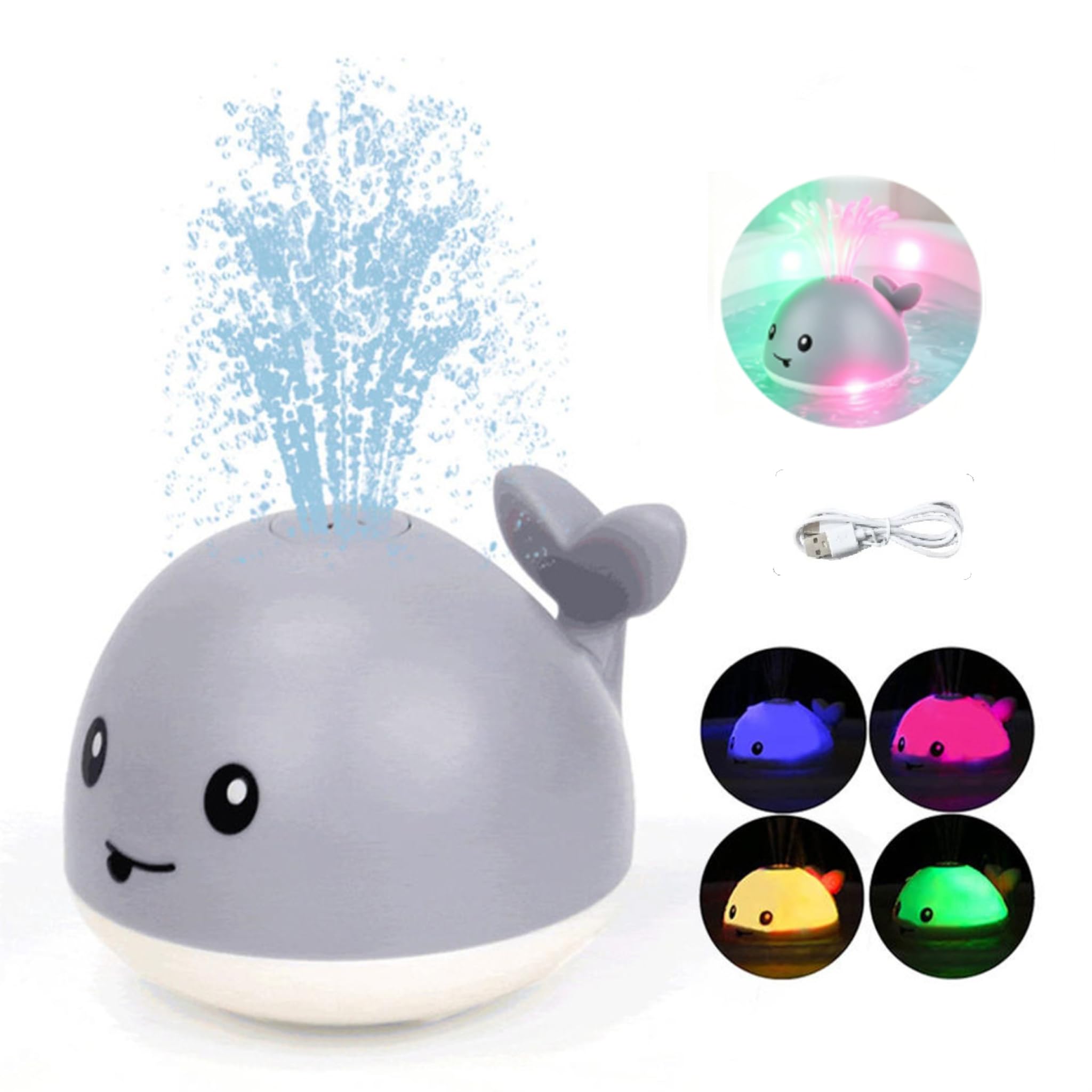 Baby Bath Toys, LED Light Up Whale Bath Toy Sprinkler, Bathtub Fountain Water Toy, Baby Shower 1st Birthday Gifts for Toddlers Girls Boys (Grey-Rechargeable Version)