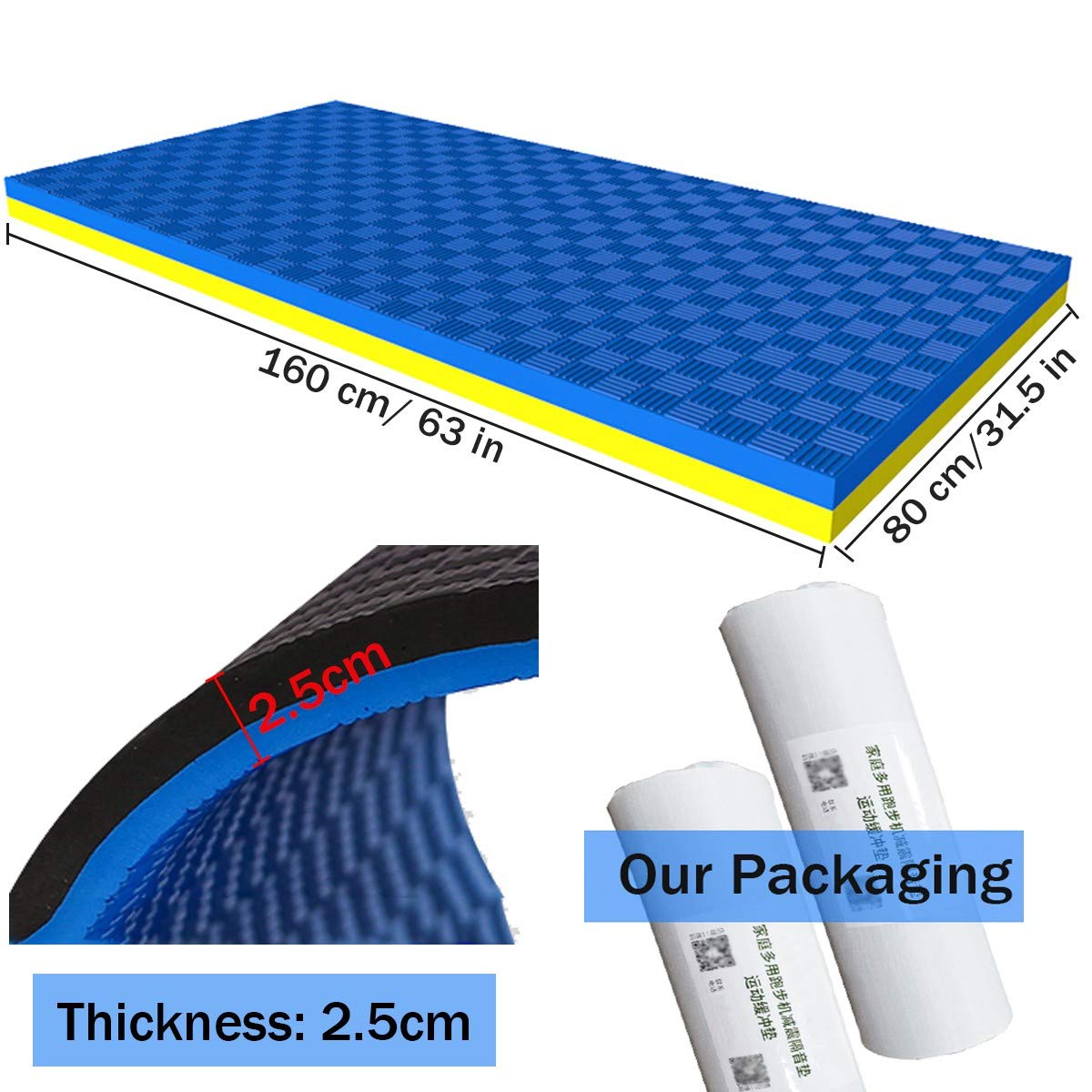 Laufband Matte Schalldämmend 2.5 cm Dick Fitnessgeräte Unterlage Dämpfungsmatte Bodenschutzmatte Antivibrationsmatte Antirutschmatte Yoga Unterlegmatte B-180×80×2.5 cm