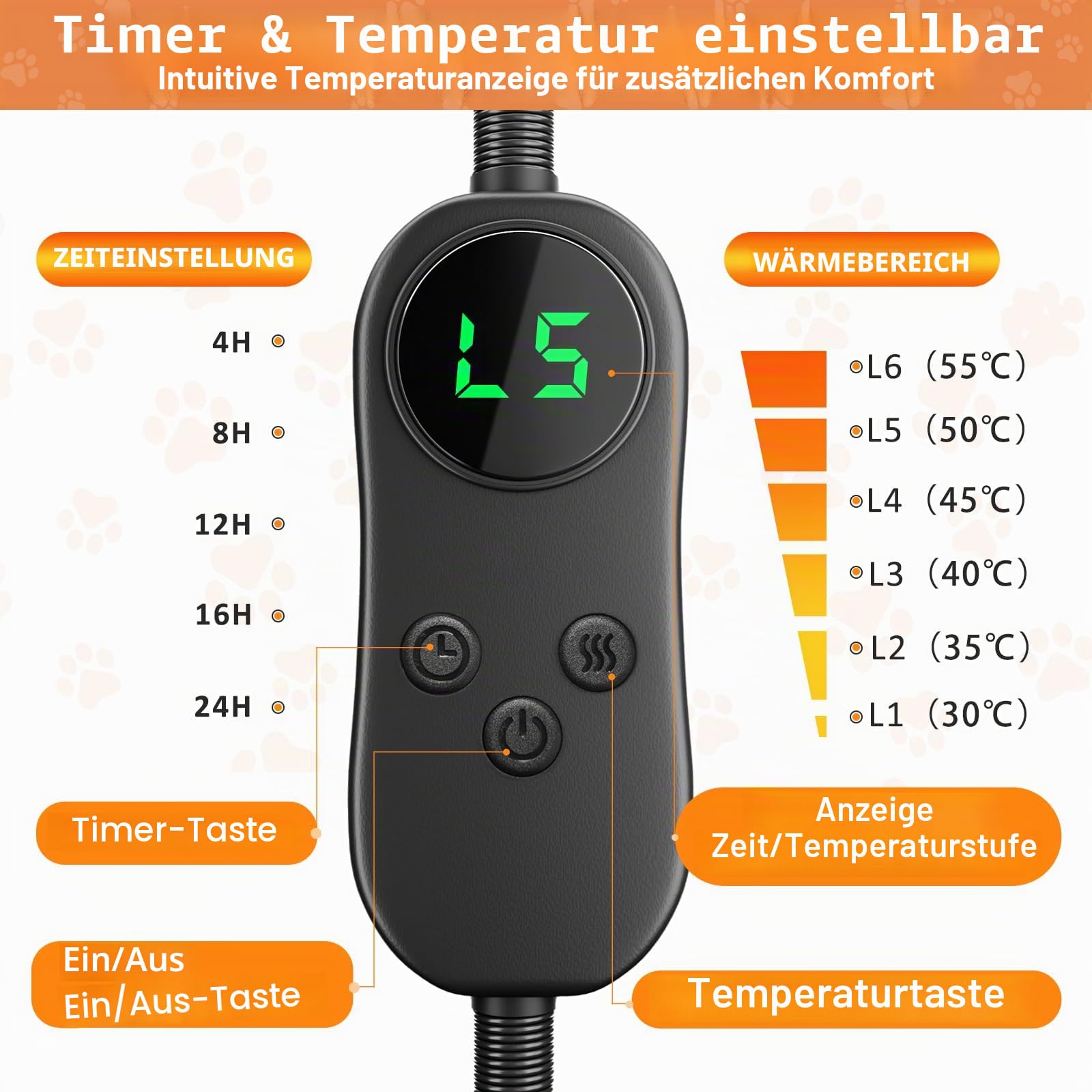 Haustier Heizkissen für Katzen Hunde, 45 * 45cm, 5 einstellbare Timer und 6 einstellbare Temperaturen, Haustier-Heizmatte, wasserdicht, ideal für Welpen/Hunde/Katzen/Kaninchen