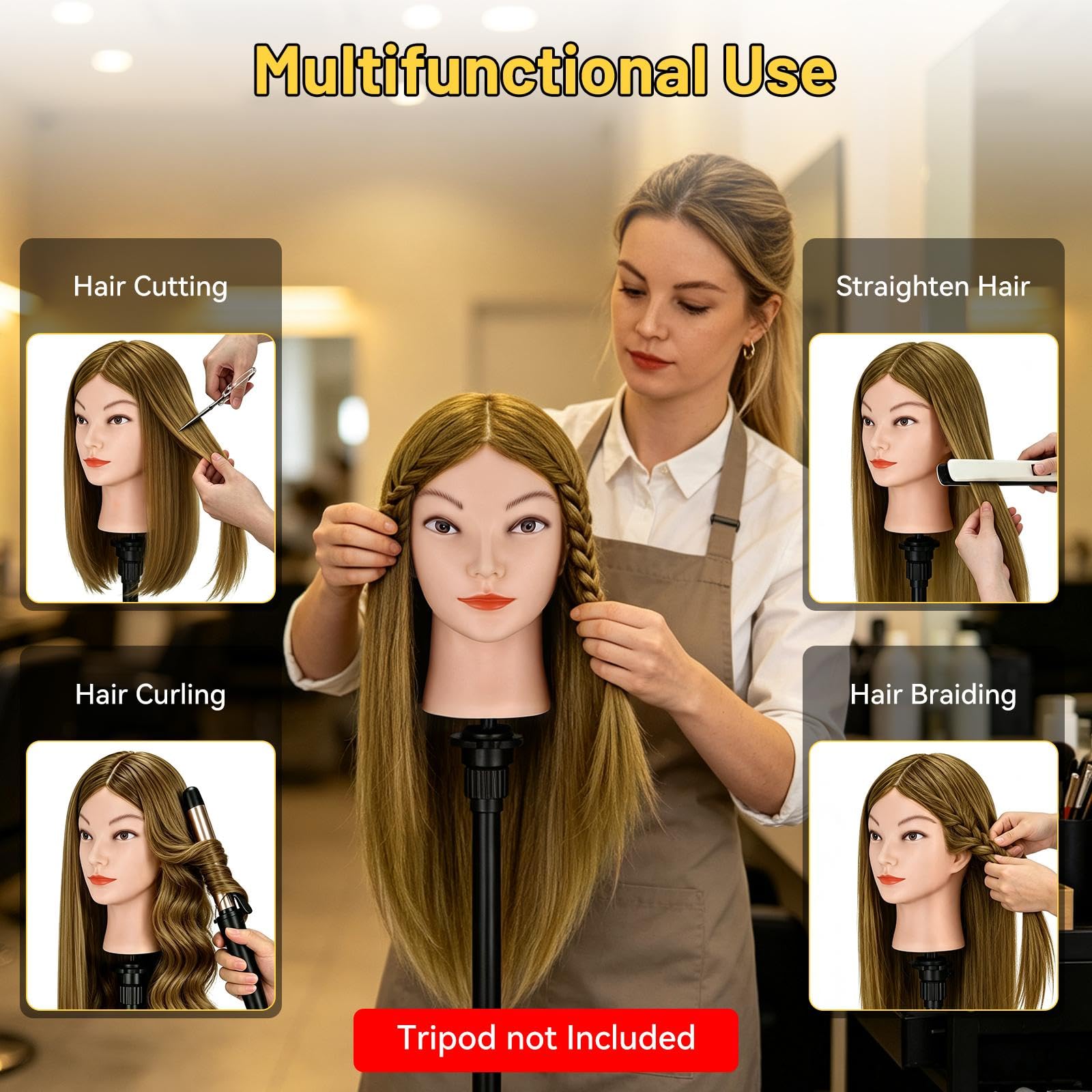 Yofuly Friseur-Trainingskopf, 45,7 cm, 100 % Echthaar, Manikin-Kosmetologie-Puppenkopf zum Flechten und Haarstyling, Übungskopf mit Tischklemme + DIY-Zopf-Set (Hellbraun)
