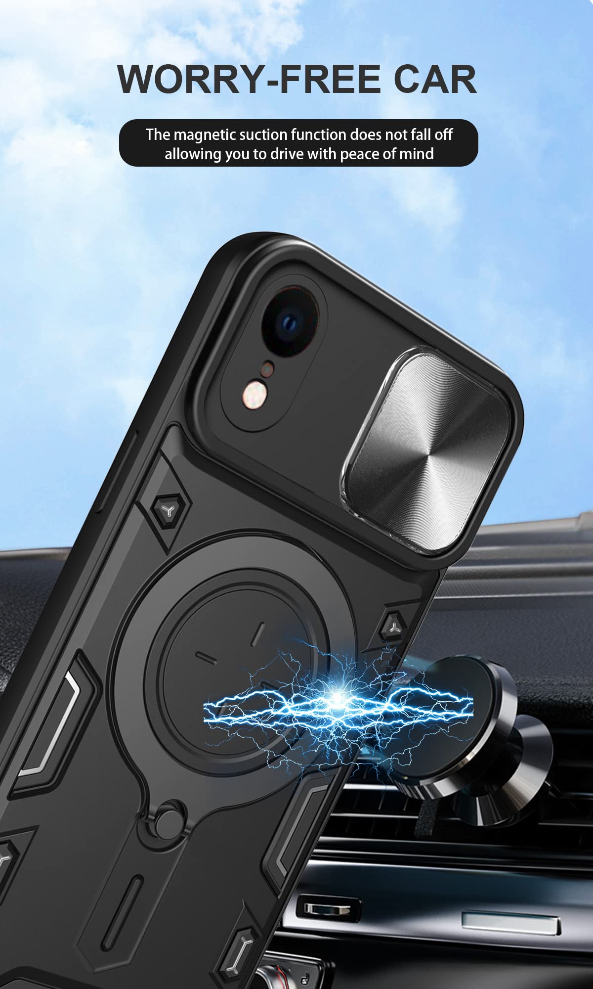SORAKA Case for iPhone XR with Ring Holder and Slide Camera Cover iPhone XR case with Metal Plate for Magnetic Car Mount Rigid PC Cover Soft TPU Bumper Rugged Case Black