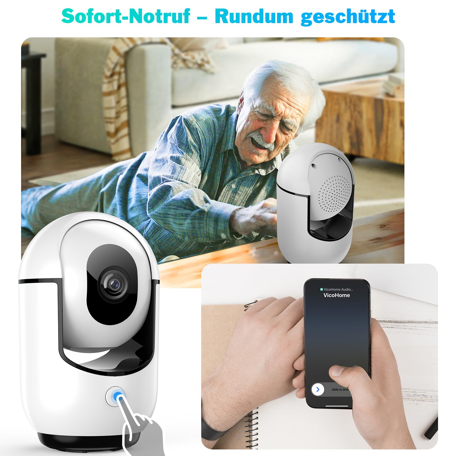 Inteligentna kamera do monitoringu 360° do użytku w pomieszczeniach, 1080p HD, noktowizor, kamera monitorująca wewnątrz z wykrywaniem ruchu PIR, dwukierunkowe audio, pamięć w chmurze / micro-SD