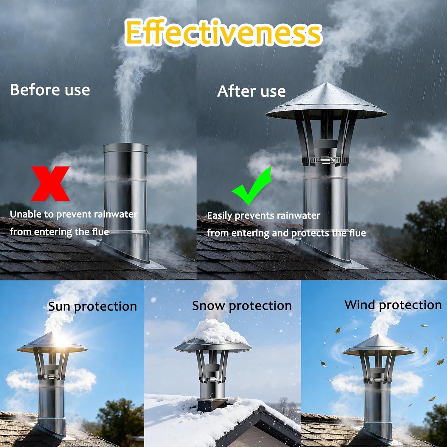 6 inch Chimney Cap Stainless Steel Stove Pipe Cap, 8 10 12 4 2 inch Outside Chimney Rain Cap, Round Roof Vent Cover for Fireplace(300mm/11.8in)