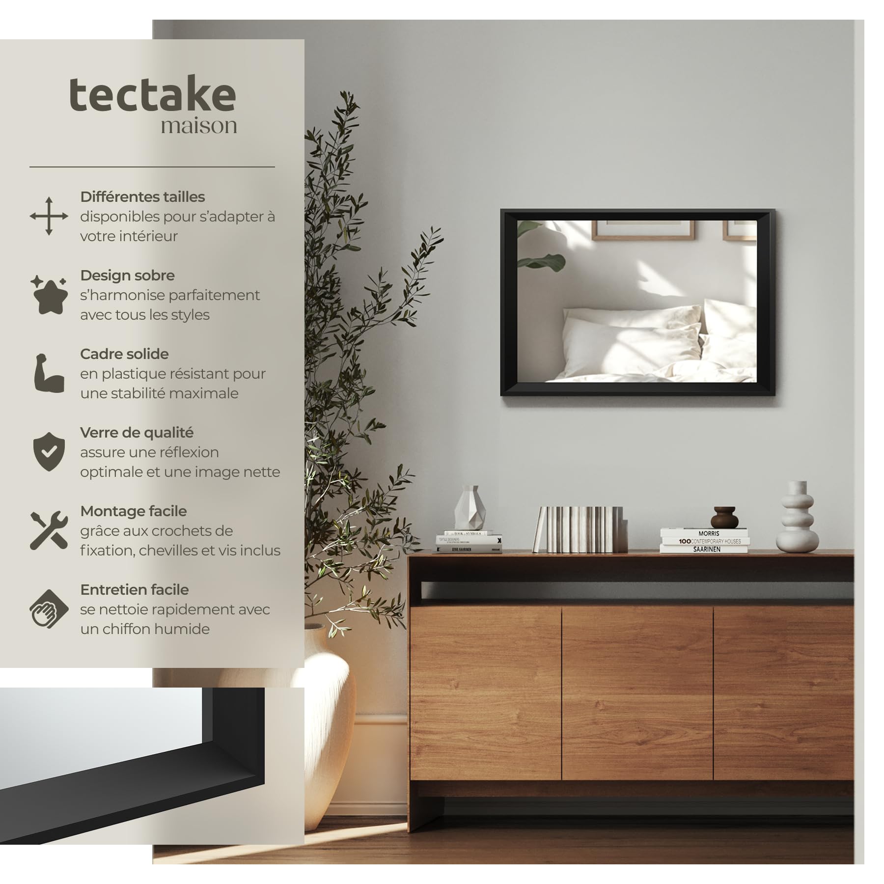 tectake® Miroir Mural rectangulaire avec Cadre Noir en Plastique 40x60cm Miroir Design Moderne Miroir Industriel pour Décoration Chambre Salon Entrée Salle de Bain Dressing Couloir Coiffeuse Maison
