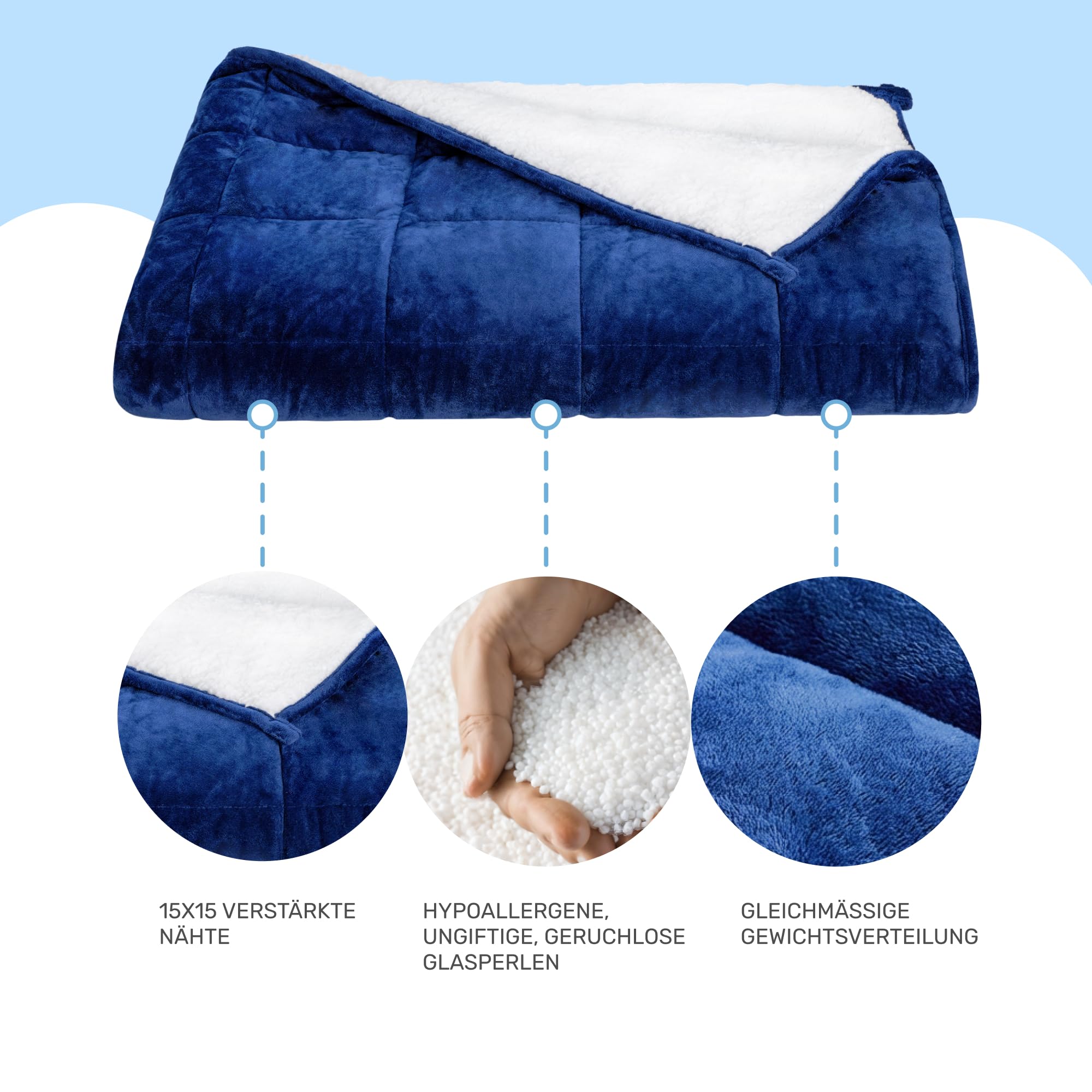Dailydream Therapie Gewichtsdecke 155x200 9,5 kg Blau Fleece Glasperlenfüllung
