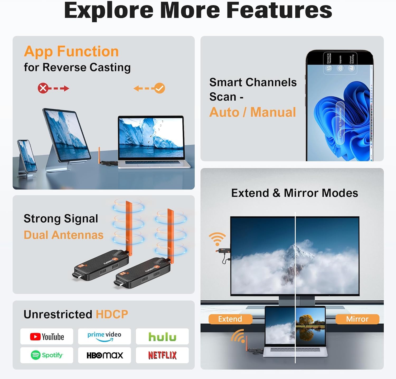 Kabelloser HDMI Sender und Empfänger, 4K Eingang auf 1080P Full HD, HDMI Funkübertragung bis 50 m, Plug & Play ohne WLAN, erweiterbar auf bis zu 6 Empfänger für Laptop, Kamera auf TV, Beamer