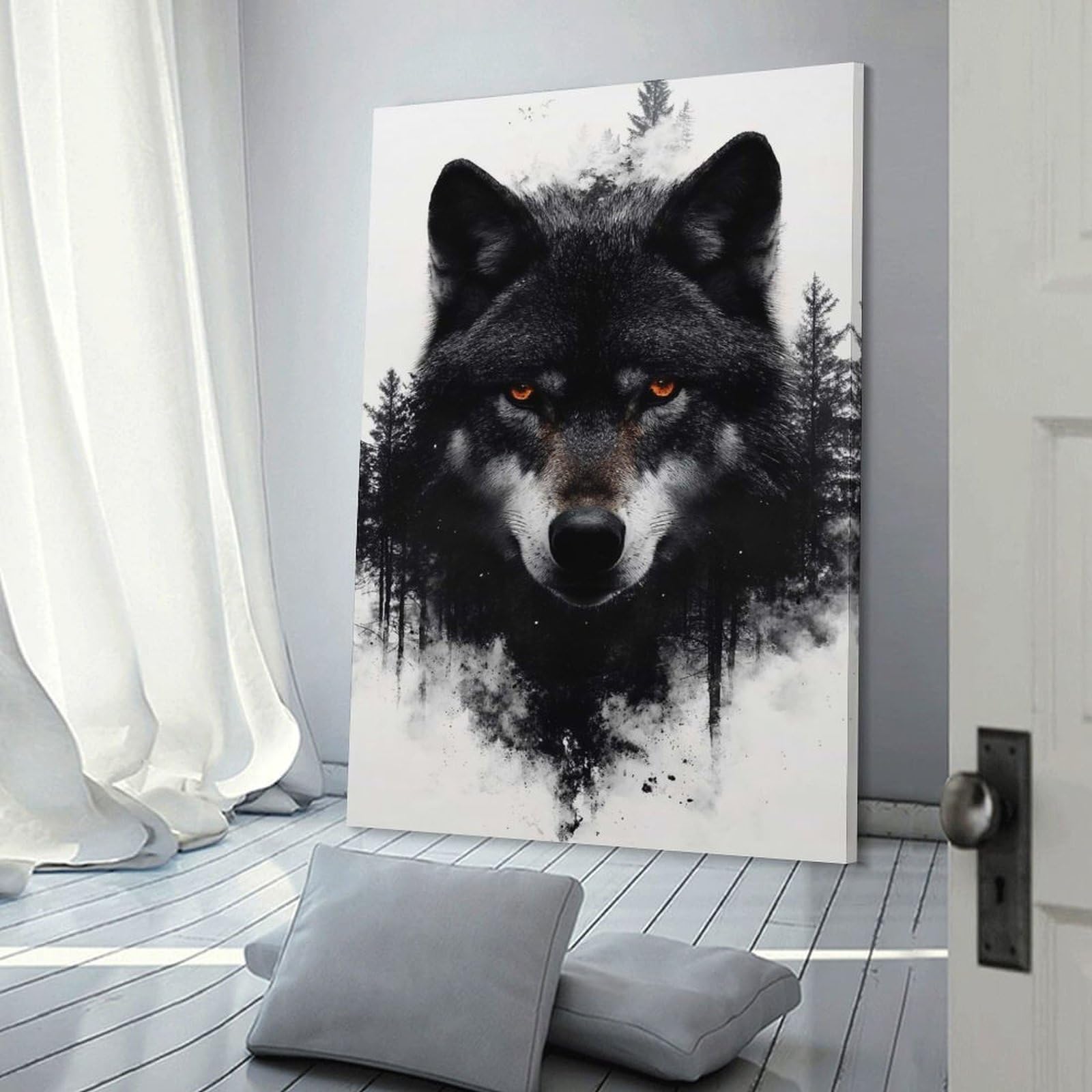 Junmoney Canvas Wall Decor Wolf Portrait with Forest Overlay, 20x30inch(50x75cm), for Bedroom Decor, Cosy Corners Or Studios, Decorative Wall Art for Cosy Rooms