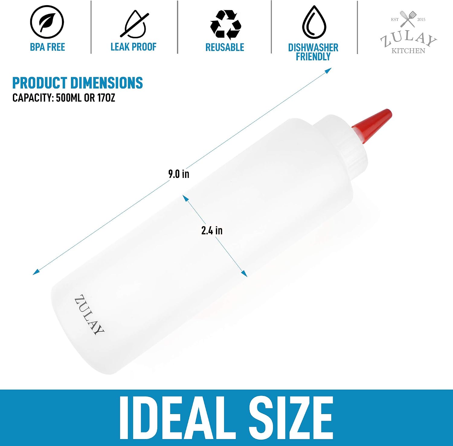 Zulay 2 Pack Condiment Squeeze Bottle - 17oz Plastic Squeeze Bottles With Caps - Sauce Bottle With Wide Mouth & Small Pointed Nozzle for Ketchup, Mustard, Olive Oil, Glue, and More