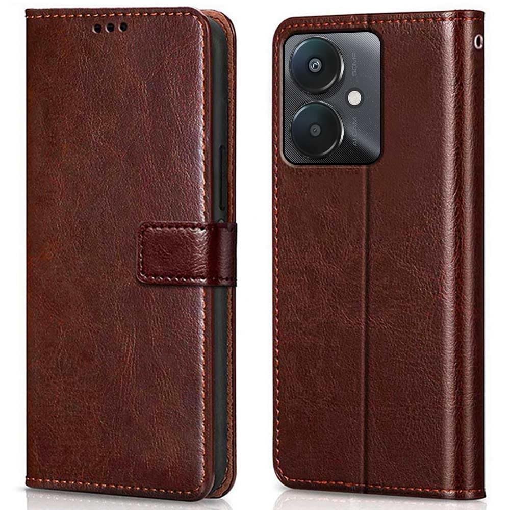 WOW IMAGINE Shock Proof Flip Cover Back Case Cover for Xiaomi Mi Redmi 13C 5G | Redmi 13C 4G | Poco M6 5G | Poco C65 (Flexible | Leather Finish | Card Pockets Wallet & Stand | Chestnut Brown)