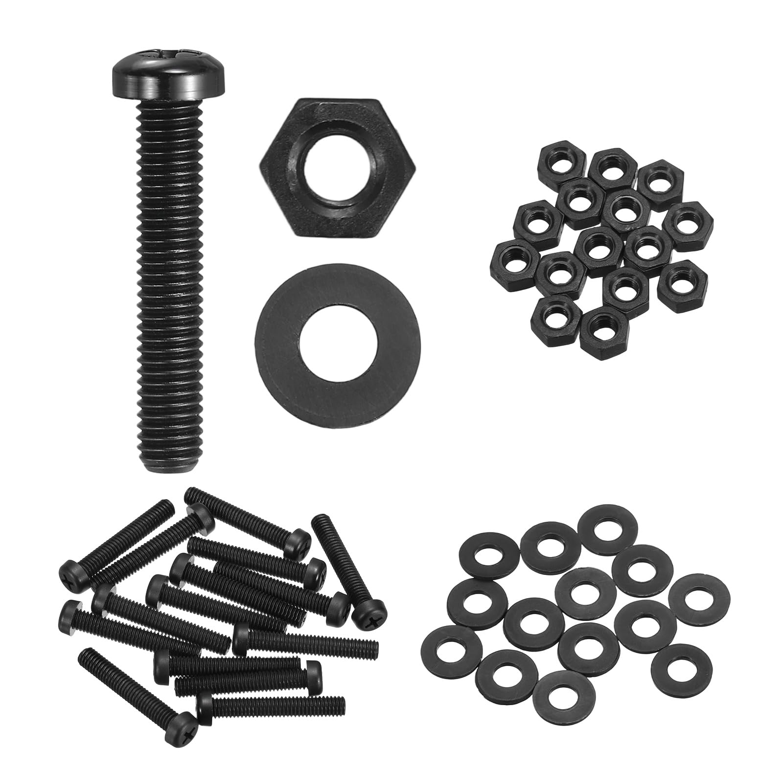 sourcing map 15 Set M6x35mm Nylon PA66 Plastic Cross Round Head Screw Phillips Bolts Hex Nuts Flat Washers Assortment Kit, Metric Full Thread Bolt Fasteners for DIY Machine Assembly, Black — image 1