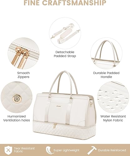 Miniatura 5 de Bolsas de fin de semana para mujer, bolsa de viaje con compartimento para zapatos, bolsa de mano para la noche, juego de 3 piezas, Beige, Elegante