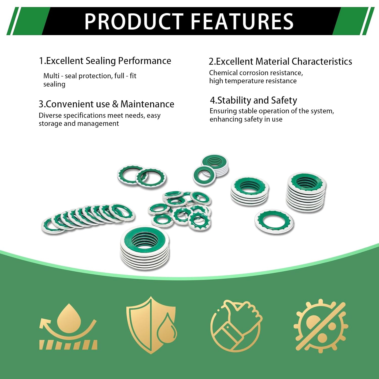 160PCS Air Conditioning System Compressor Seal Washers Assortment Kit, 6 Sizes Automotive A/C Compressor Port Bonded Seal Gasket Kit (Green)