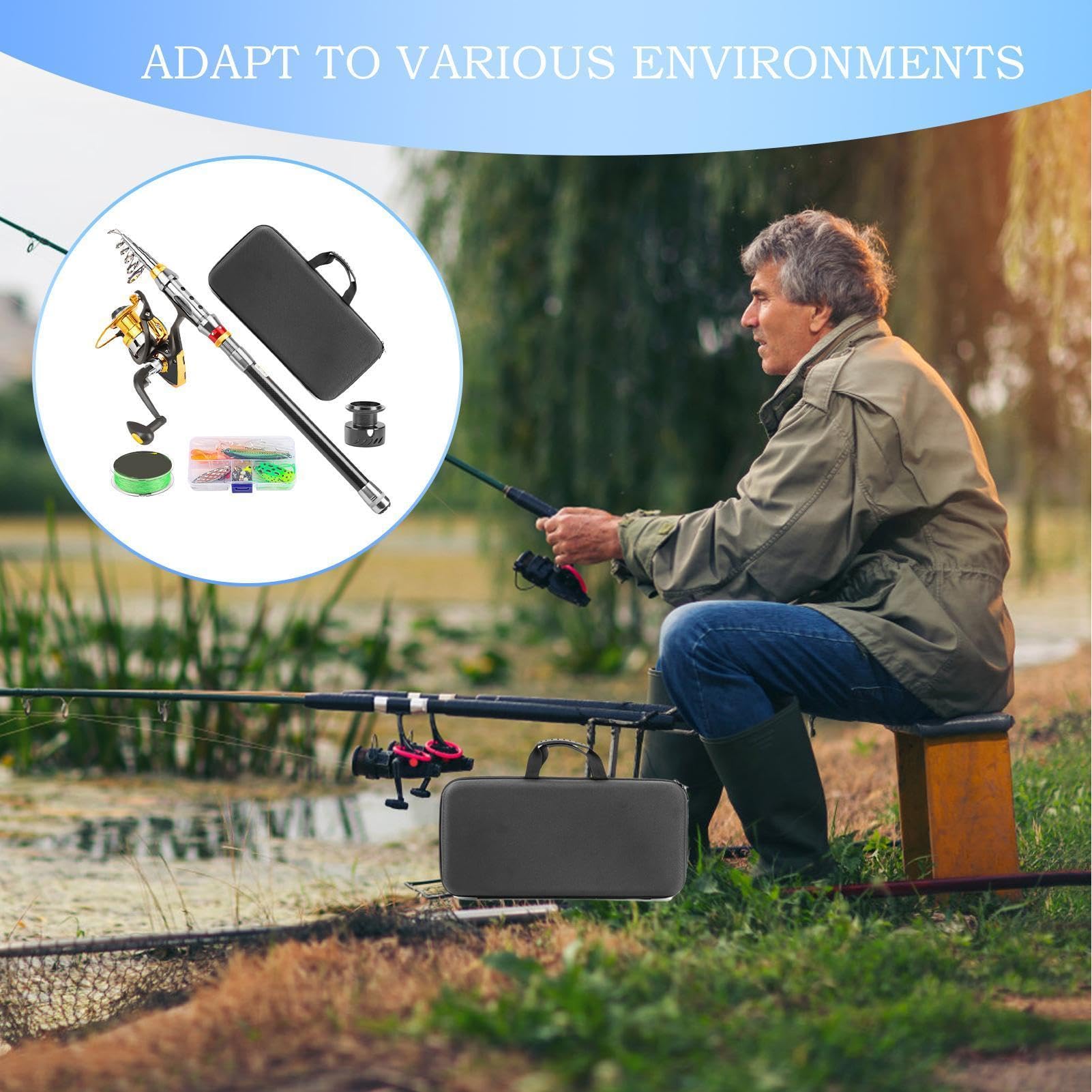 Canna da pesca telescopica, canna leggera, kit con mulinello, attrezzatura da surf, trota, lago, kayak, pontone, fiume, campeggio, viaggi, professionale, resistente, stabile, durevole, materiale di