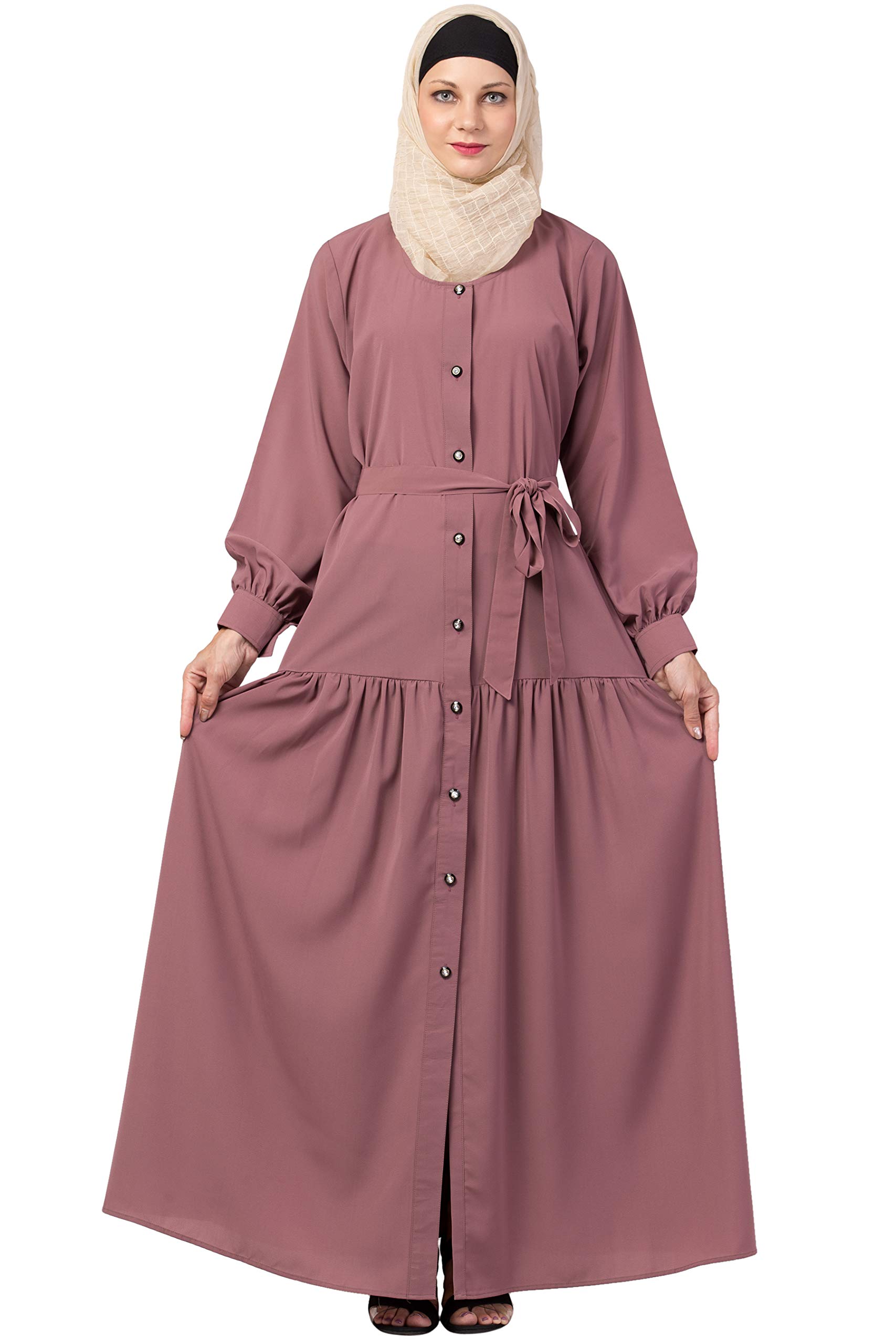 MRCWOMEN FRONT OPEN ABAYA WITH PIN-TUCKS CREPE SOLID ABAYA WITH HIJAB