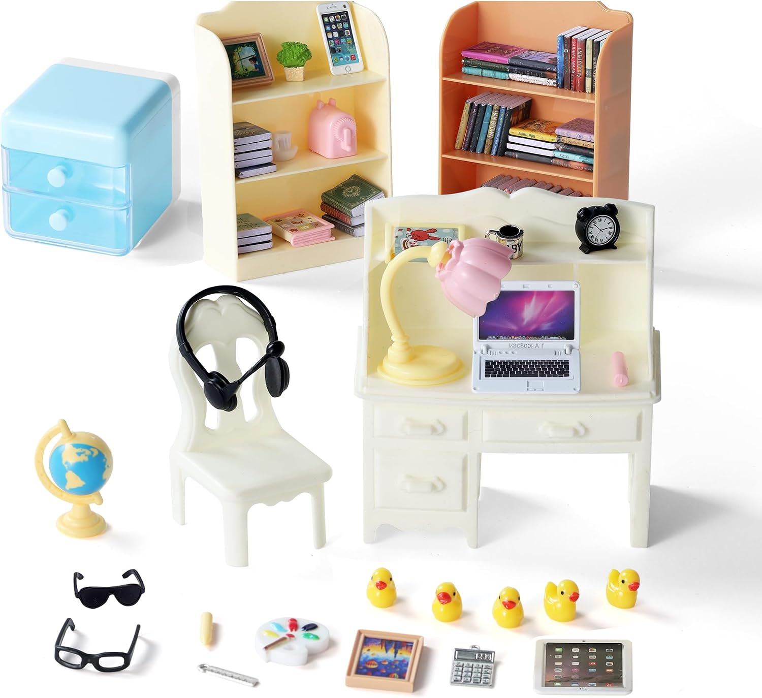 Mini Dollhouse Accessories Including Laptops Phones Headsets Glasses Books Desk Lamps Coffee Desks Storage Racks etc... for Mini Office Daily Decoration for Doll Display Pretend Play Ideal Gifts