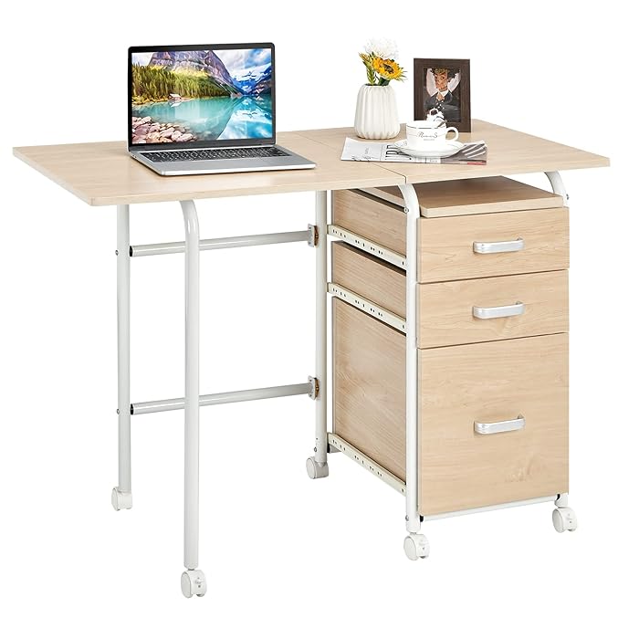 Buy Tangkula Folding Computer Desk with 3 Storage Drawers, Mobile Home