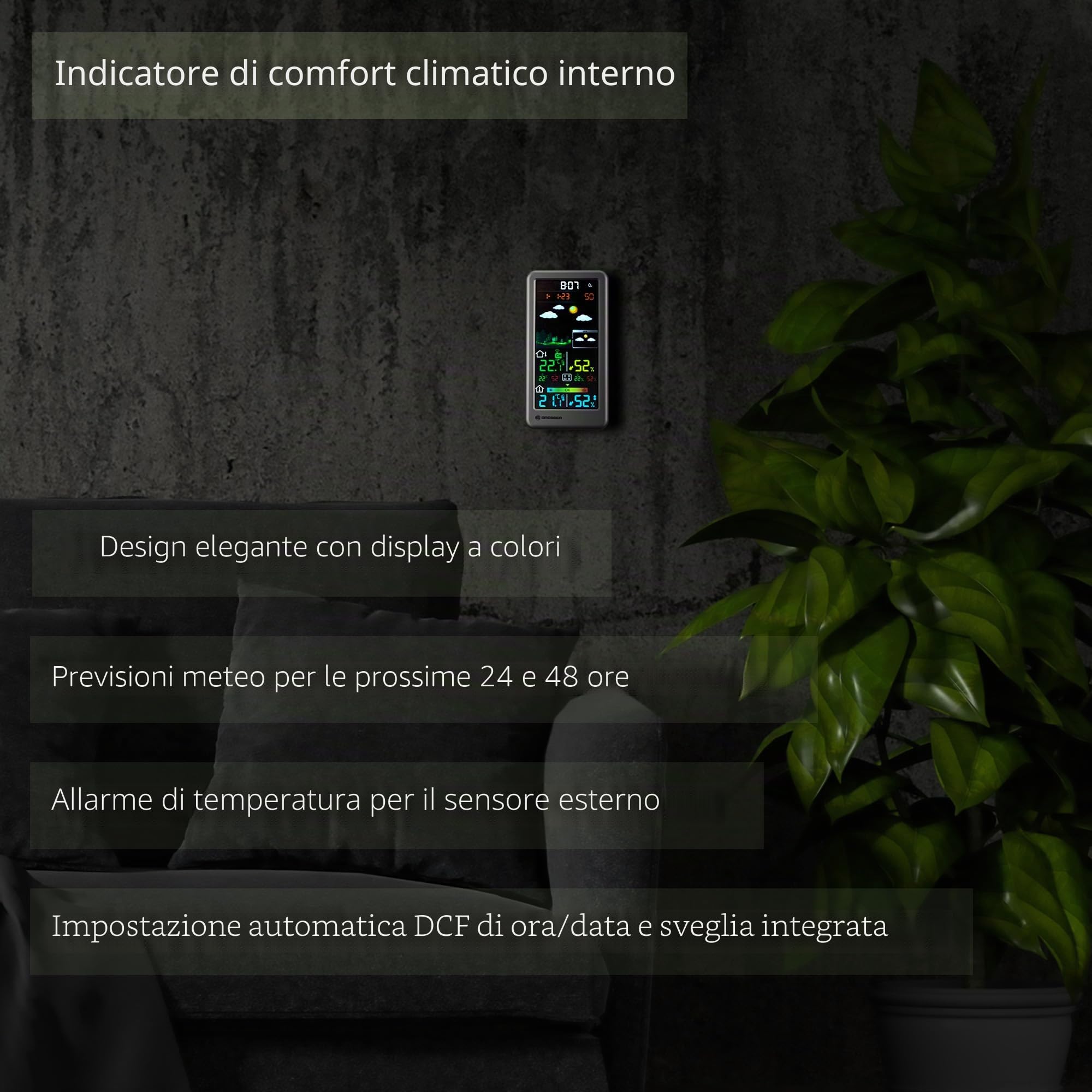 Bresser Neomeo V Stazione meteo con sensore esterno, argento | Temperatura interna ed esterna, umidità, previsioni 24 e 48 h, comfort interno, avviso gelo, orologio radio