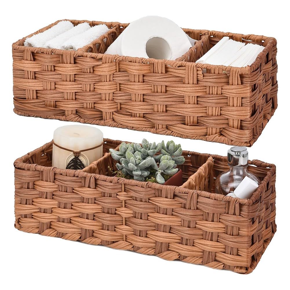 CTRLZS Bathroom Toilet Organizer,Back of Toilet Storage Basket,Waterproof Storage Baskets for Toilet Tank 3 Section 2Pack Brown
