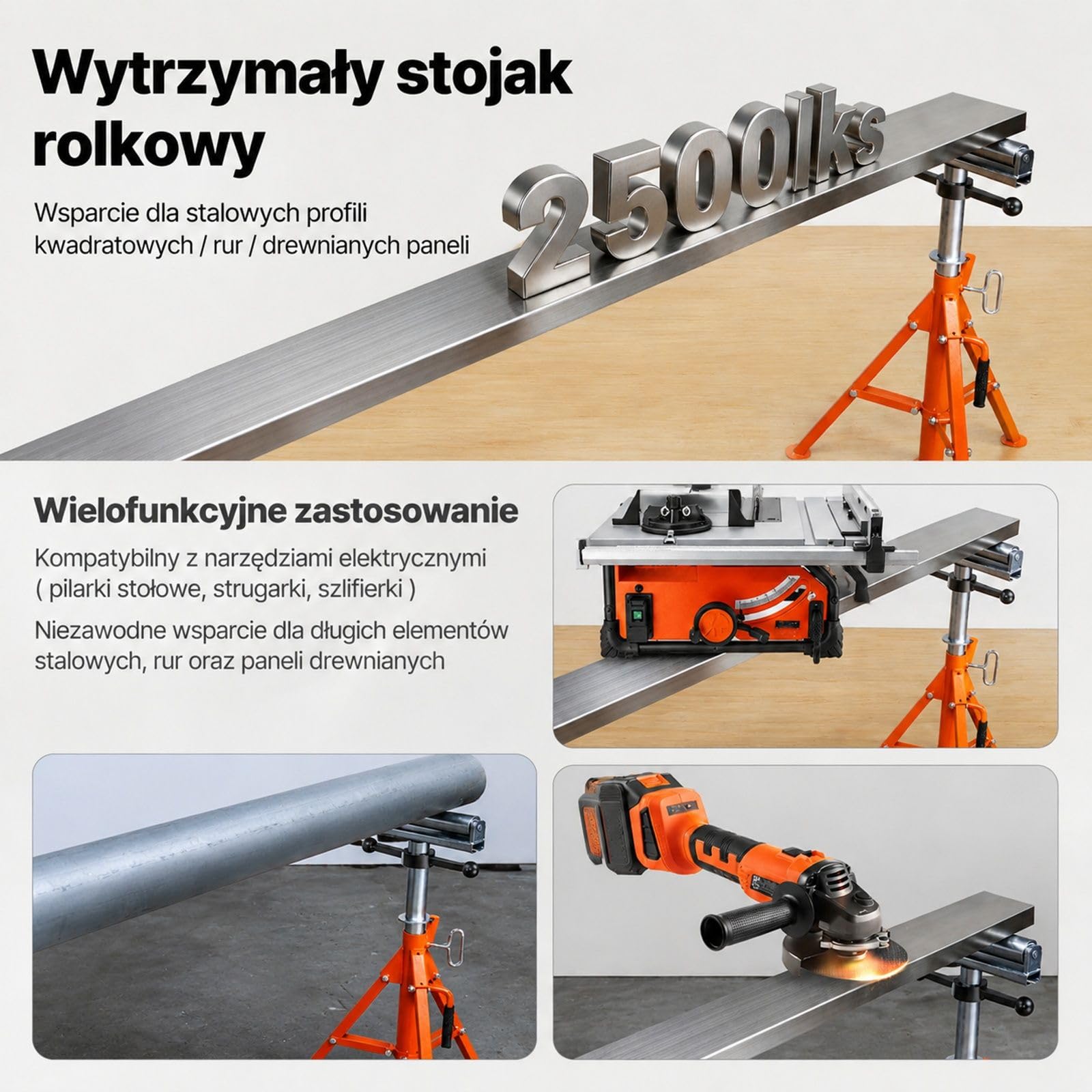 Regulowany stalowy stojak rolkowy, składana podpora robocza i montażowa do piły stołowej, strugarki oraz szlifierki, z głowicą rolkową