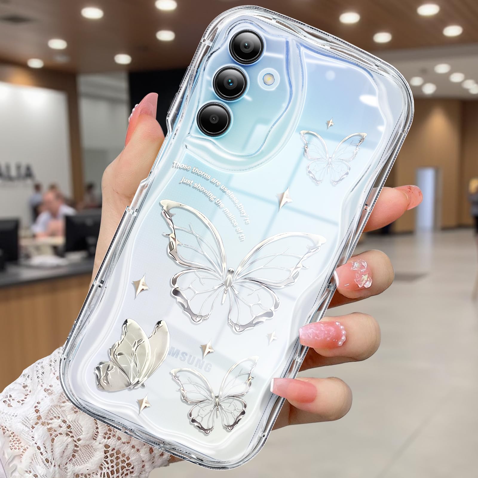 CASBST Compatible for Samsung Galaxy A15 5G Case, Pretty Butterfly Print Three-dimensional Wave Clear Case for Girls Women, Soft Full Package Anti-fall Cover for Galaxy A15 5G, Silver Butterfly
