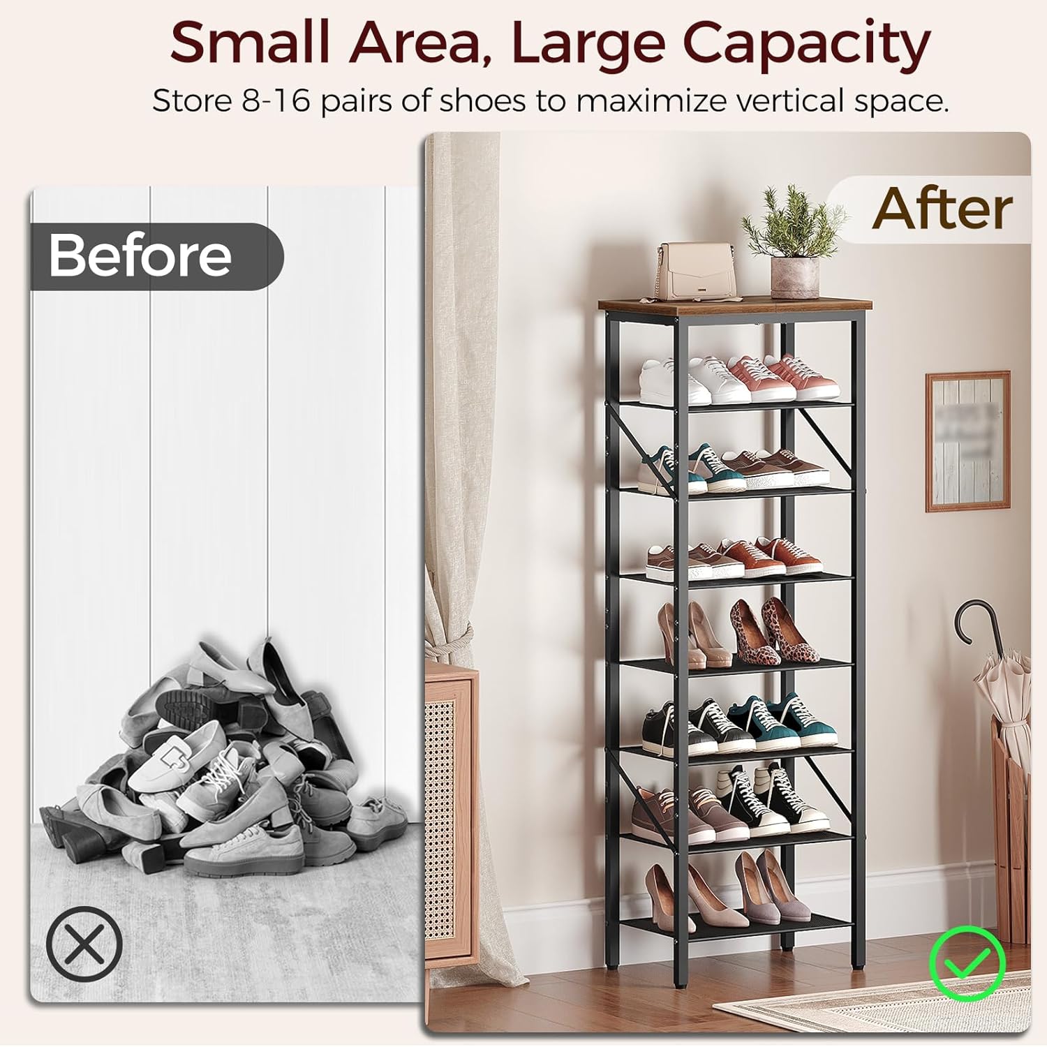 8 Tier Narrow Shoe Rack Organizer, Tall Slim Shoe Storage for Small Space, Holds 8-16 Pairs, Metal Shoe Shelf with Wooden Top for Entryway Closet Bedroom, Rustic Brown and Black SRHR08401