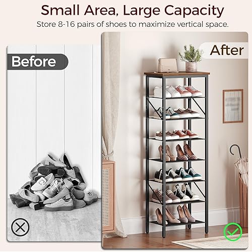 Miniatura 4 de Organizador de zapatos estrecho de 8 niveles, almacenamiento de zapatos alto y delgado para espacios pequeños, capacidad para 8-16 pares, estante
