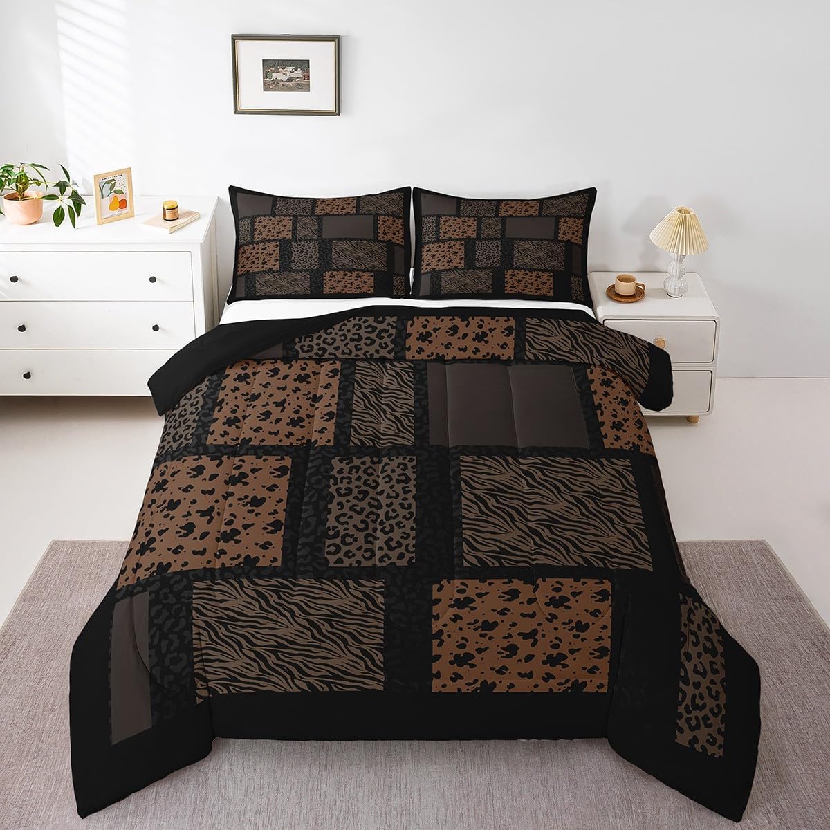 Wildlife Fur Splicing Print Comforter Set King Size,Brown Black Animals Skin Down Alternative Adults Bedroom Decor,Leopard Cheetah Zebra Cattle Ultra Soft Microfiber Inner Fill 3Pcs Bedding